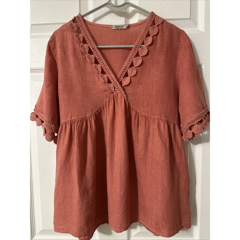 Spazio Chic Top S Coral/Pink Linen Blouse Crochet Trim V-Neck Empire Waist